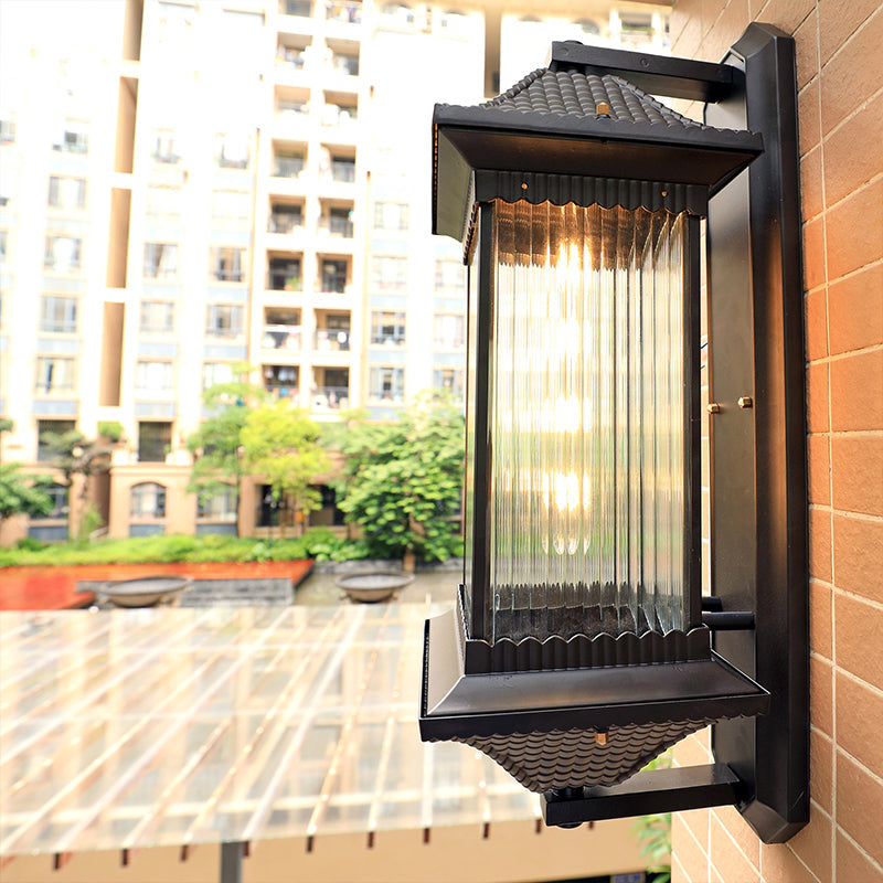 Ribbed Glass Rectangular Shade Wall Light In Coffee - Classic Single Outdoor Lighting Fixture