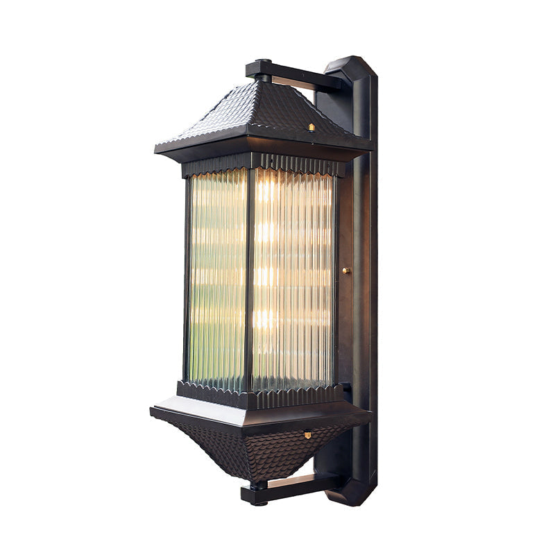 Ribbed Glass Rectangular Shade Wall Light In Coffee - Classic Single Outdoor Lighting Fixture