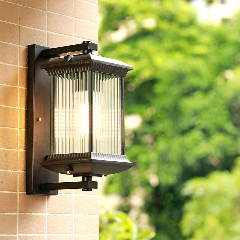 Ribbed Glass Rectangular Shade Wall Light In Coffee - Classic Single Outdoor Lighting Fixture / 9