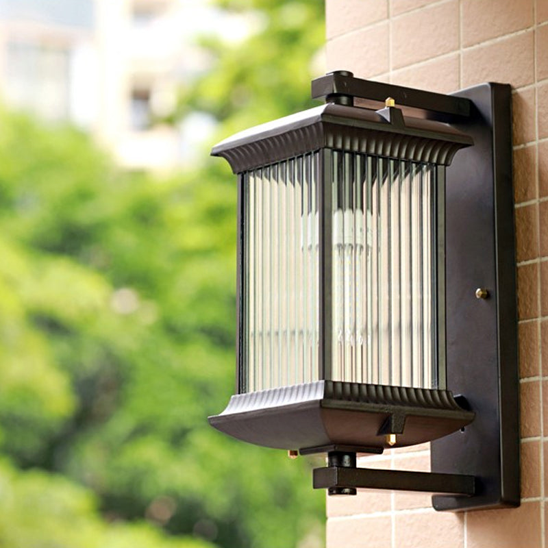 Ribbed Glass Rectangular Shade Wall Light In Coffee - Classic Single Outdoor Lighting Fixture