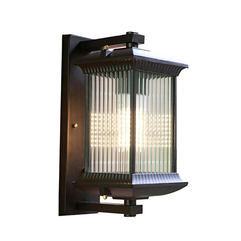 Ribbed Glass Rectangular Shade Wall Light In Coffee - Classic Single Outdoor Lighting Fixture