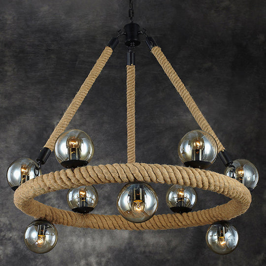 Industrial Rope Chandelier With Glass Shade - Beige 9-Light Fixture For Dining Room