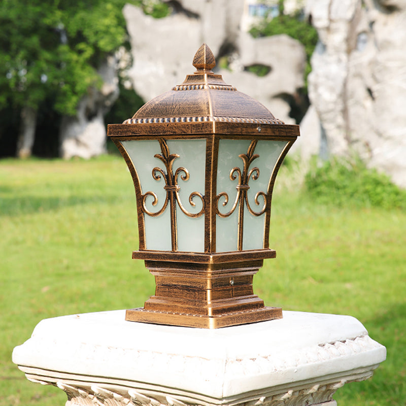 Rustic Square Pillar Lamp - 1-Light Frost Glass Post Lighting Fixture For Courtyard