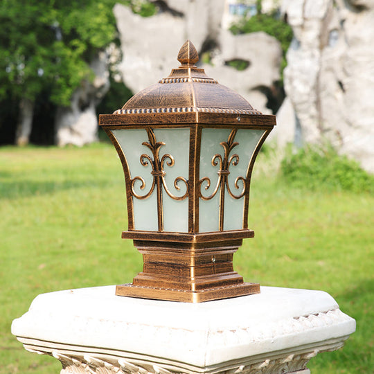 Rustic Square Pillar Lamp - 1-Light Frost Glass Post Lighting Fixture For Courtyard