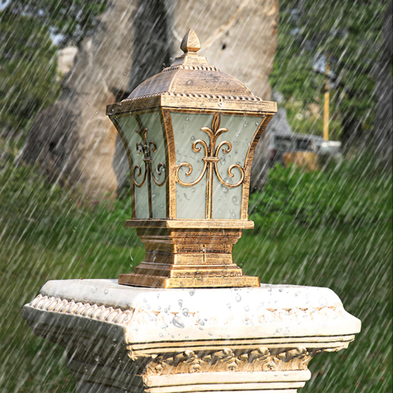 Rustic Square Pillar Lamp - 1-Light Frost Glass Post Lighting Fixture For Courtyard