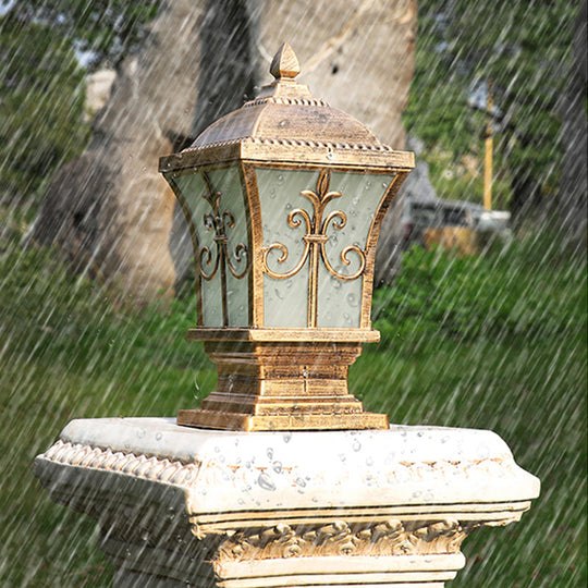 Rustic Square Pillar Lamp - 1-Light Frost Glass Post Lighting Fixture For Courtyard