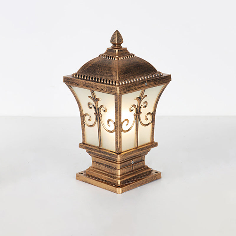 Rustic Square Pillar Lamp - 1-Light Frost Glass Post Lighting Fixture For Courtyard