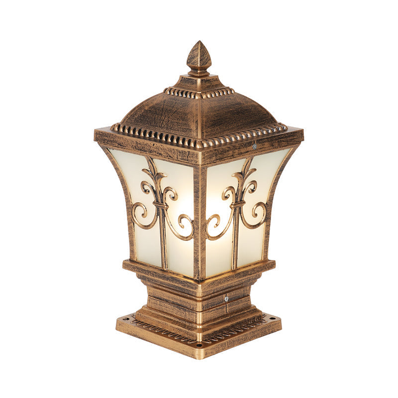 Rustic Square Pillar Lamp - 1-Light Frost Glass Post Lighting Fixture For Courtyard