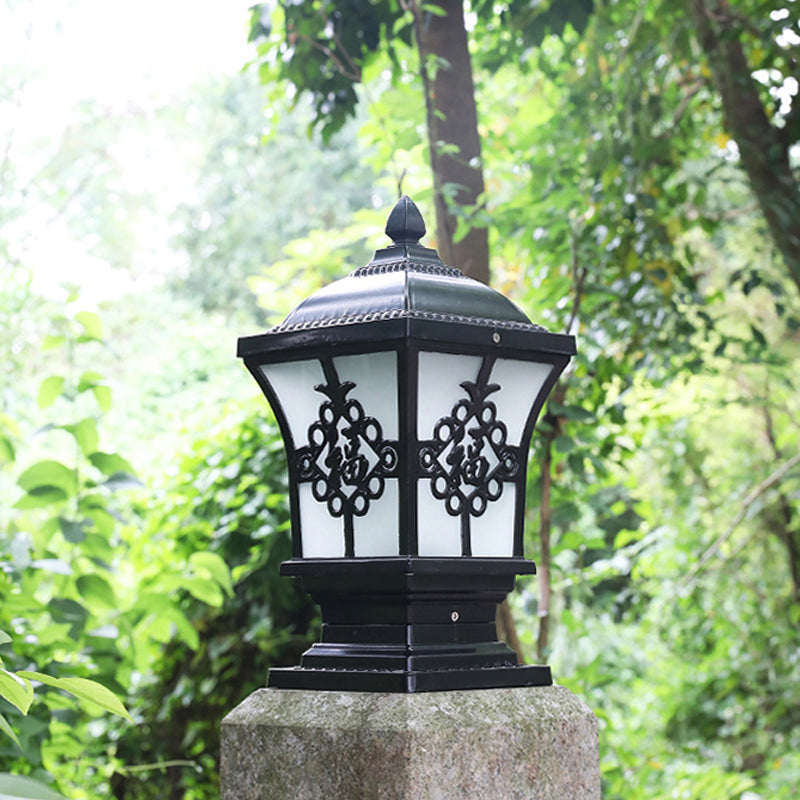 Rustic Square Pillar Lamp - 1-Light Frost Glass Post Lighting Fixture For Courtyard Black / 6 B