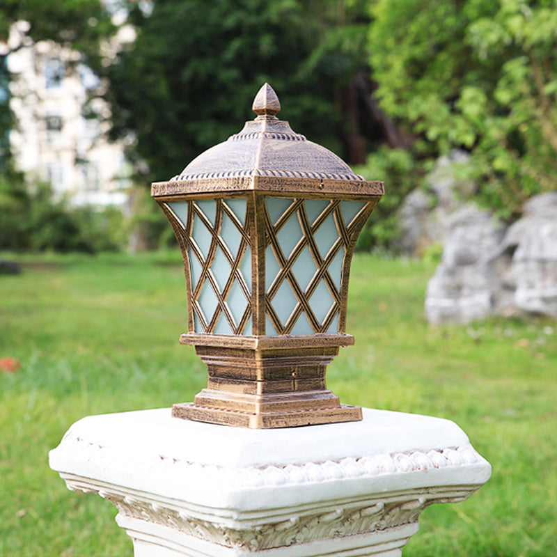 Rustic Square Pillar Lamp - 1-Light Frost Glass Post Lighting Fixture For Courtyard Bronze / 6 C