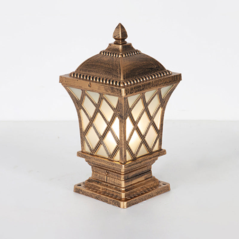 Rustic Square Pillar Lamp - 1-Light Frost Glass Post Lighting Fixture For Courtyard