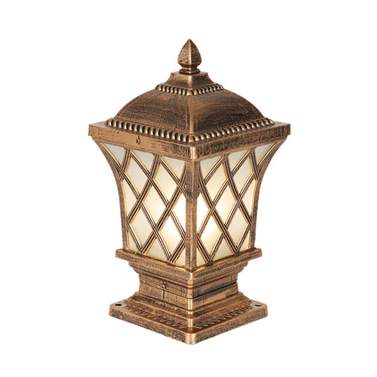 Rustic Square Pillar Lamp - 1-Light Frost Glass Post Lighting Fixture For Courtyard
