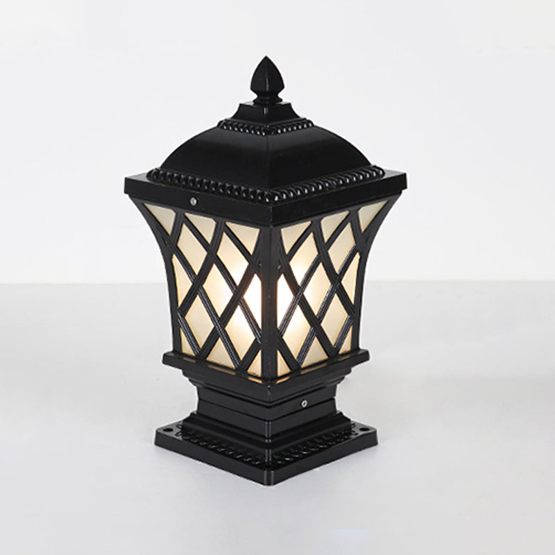 Rustic Square Pillar Lamp - 1-Light Frost Glass Post Lighting Fixture For Courtyard
