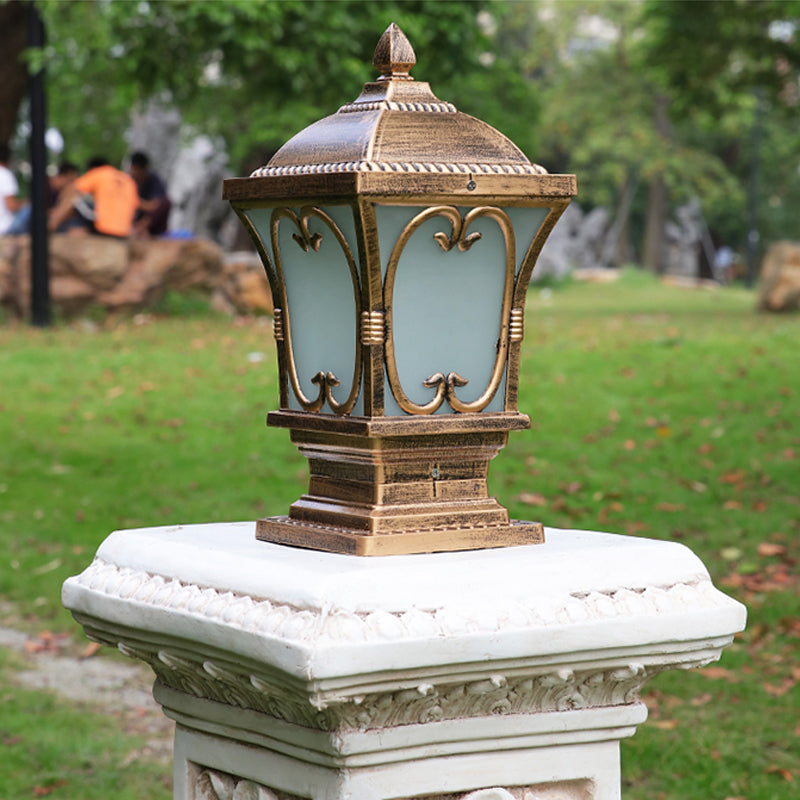 Rustic Square Pillar Lamp - 1-Light Frost Glass Post Lighting Fixture For Courtyard Bronze / 6 D