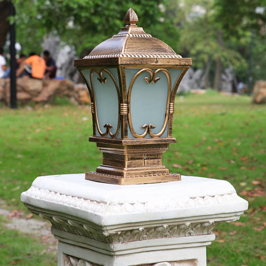 Rustic Square Pillar Lamp - 1-Light Frost Glass Post Lighting Fixture For Courtyard Bronze / 6 D