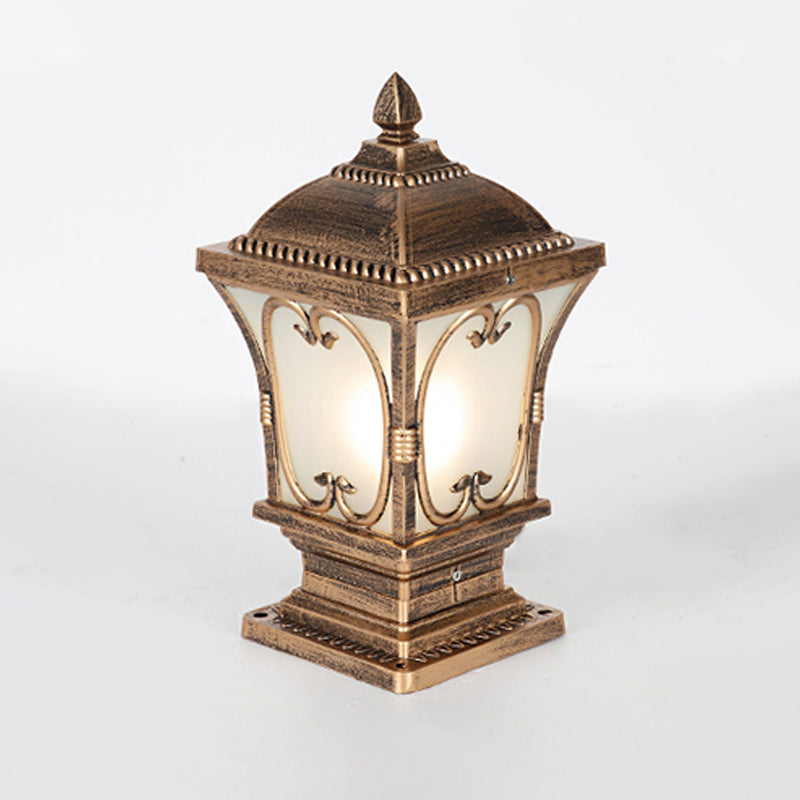 Rustic Square Pillar Lamp - 1-Light Frost Glass Post Lighting Fixture For Courtyard