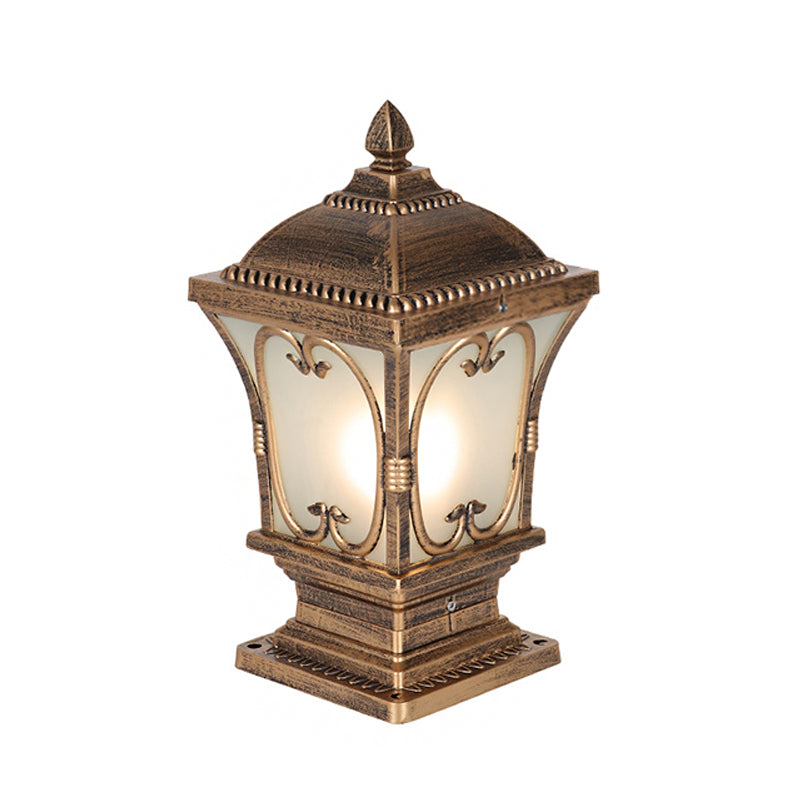 Rustic Square Pillar Lamp - 1-Light Frost Glass Post Lighting Fixture For Courtyard