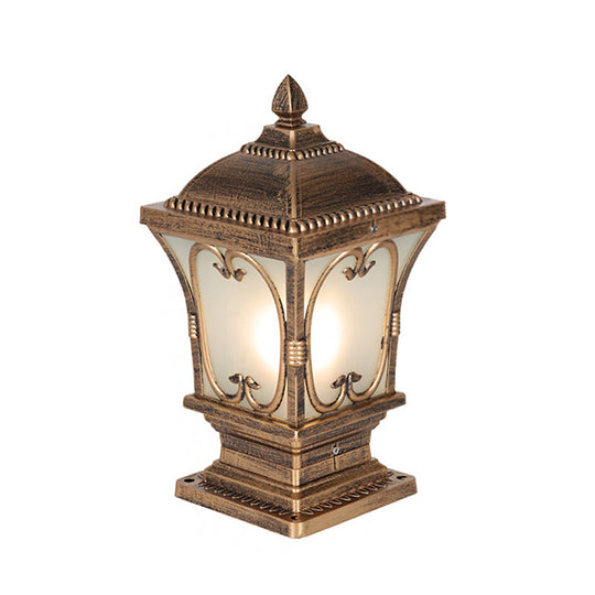 Rustic Square Pillar Lamp - 1-Light Frost Glass Post Lighting Fixture For Courtyard