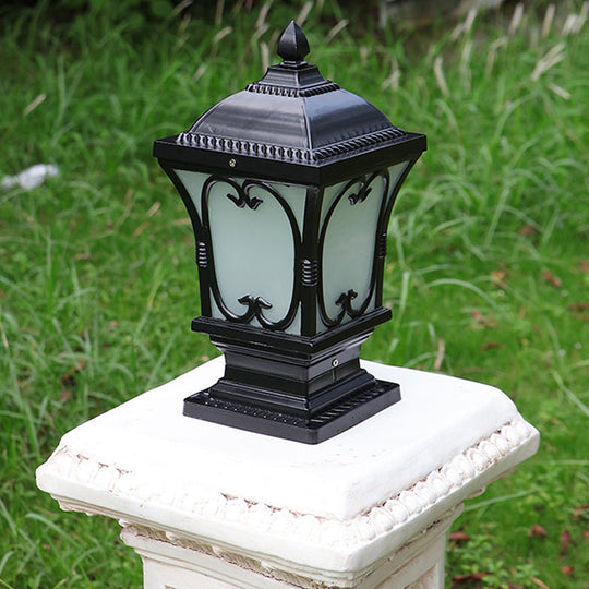 Rustic Square Pillar Lamp - 1-Light Frost Glass Post Lighting Fixture For Courtyard Black / 6 D