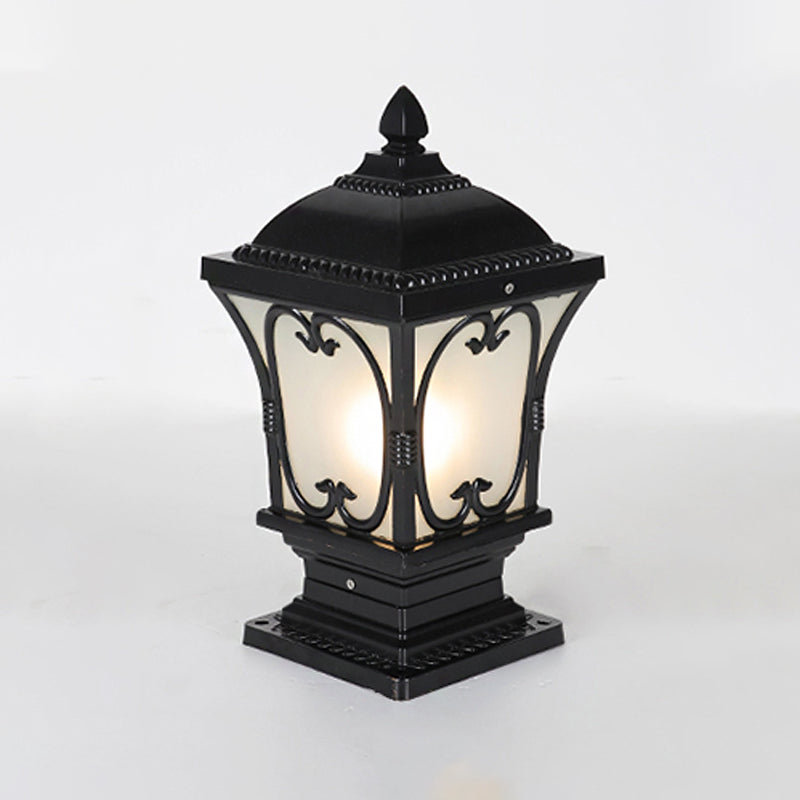 Rustic Square Pillar Lamp - 1-Light Frost Glass Post Lighting Fixture For Courtyard