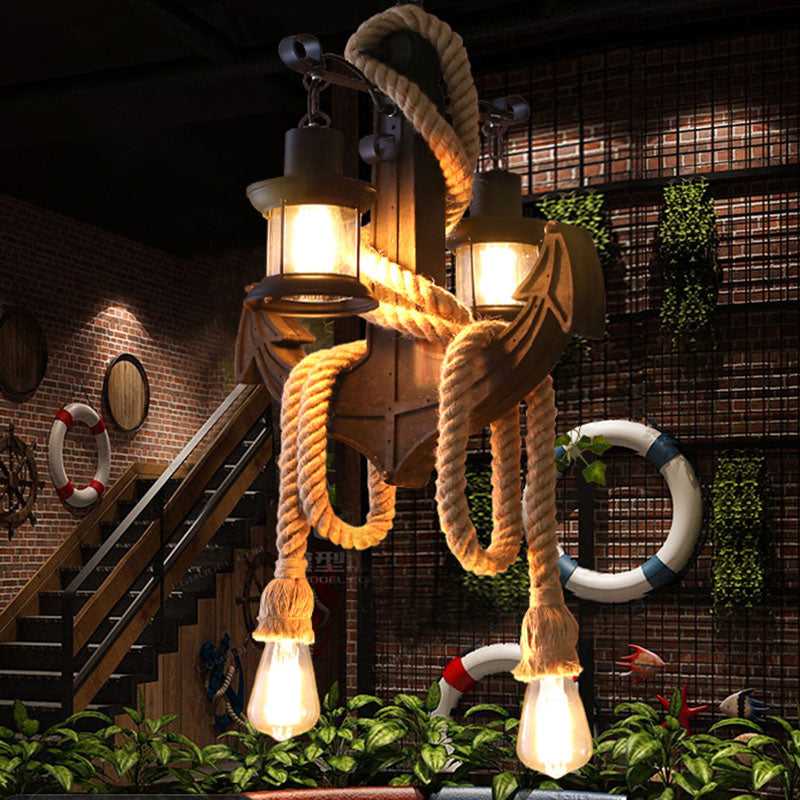 Vintage Kerosene Clear Glass Pendant Light: 4-Light Chandelier In Black With Adjustable Rope