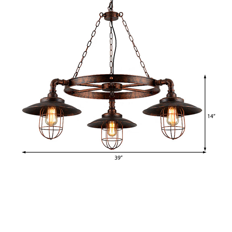 Industrial Weathered Copper Metal Hanging Chandelier - 3-Light Wagon Wheel Shade Pendant Light With