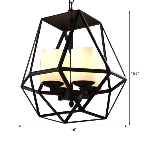 Geometric Opal Glass Dining Room Pendant Chandelier | Industrial Black Hanging Fixture With Cage
