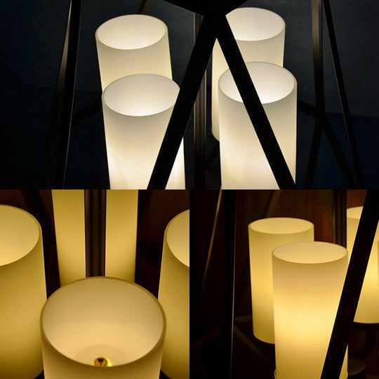 Geometric Opal Glass Dining Room Pendant Chandelier | Industrial Black Hanging Fixture With Cage