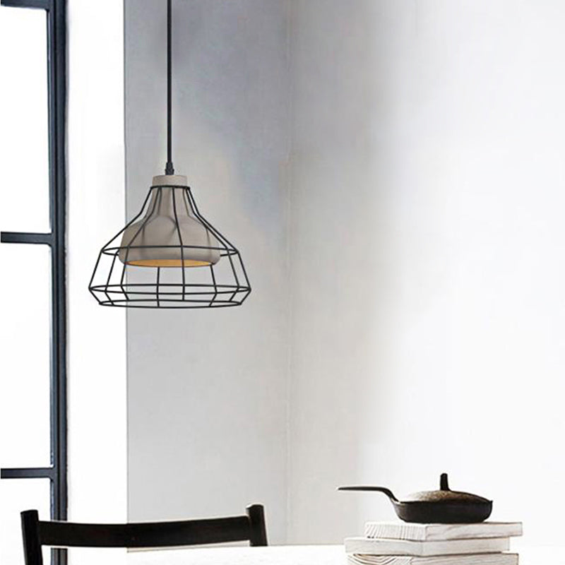 Cement Cone Suspension Light - Modernist Black Hanging Pendant Lamp With Wire-Cage Shade