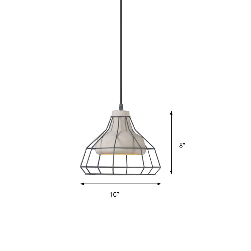 Cement Cone Suspension Light - Modernist Black Hanging Pendant Lamp With Wire-Cage Shade