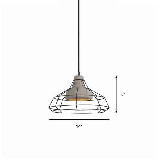 Modernist Cement Cone Hanging Pendant Lamp With Wire-Cage Shade 1-Light Black 10.5/14 Width