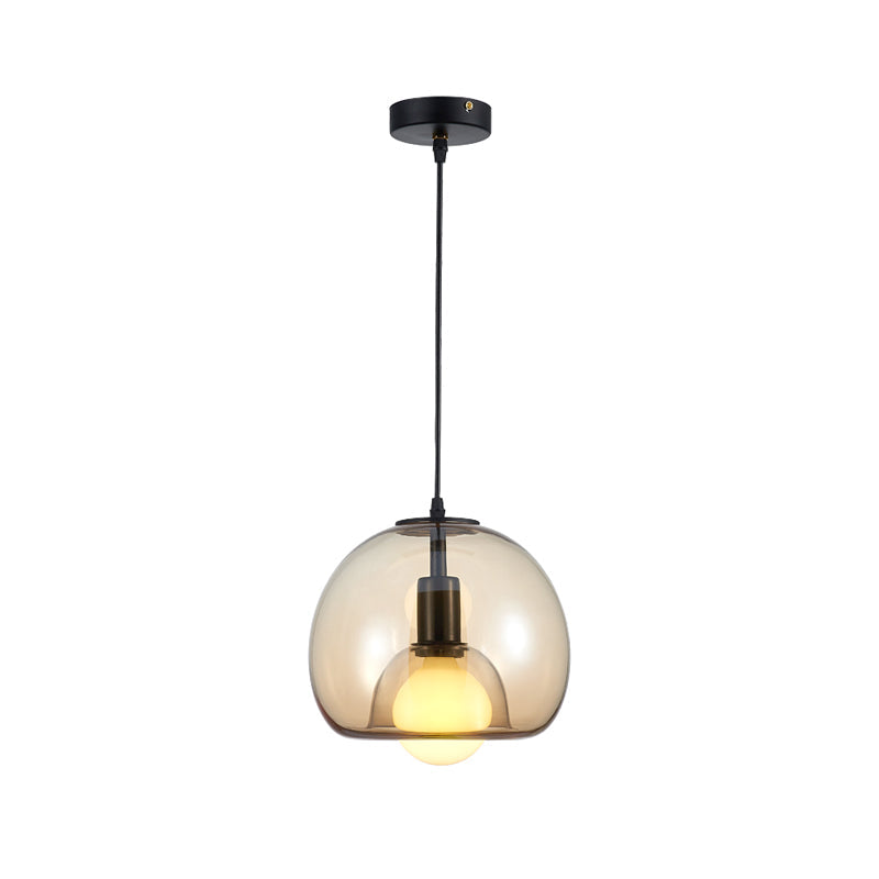 Contemporary Amber/Smoke Glass Dome Pendant - Black Hanging Lamp For Bedroom