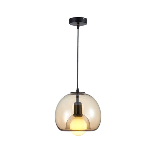 Contemporary Amber/Smoke Glass Dome Pendant - Black Hanging Lamp For Bedroom