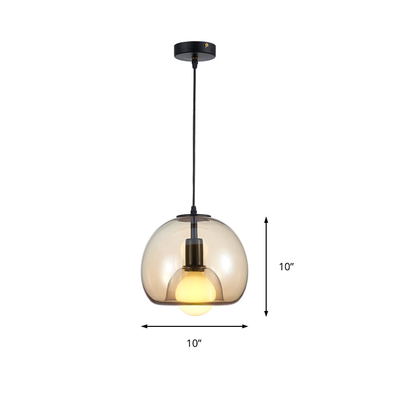 Contemporary Amber/Smoke Glass Dome Pendant - Black Hanging Lamp For Bedroom