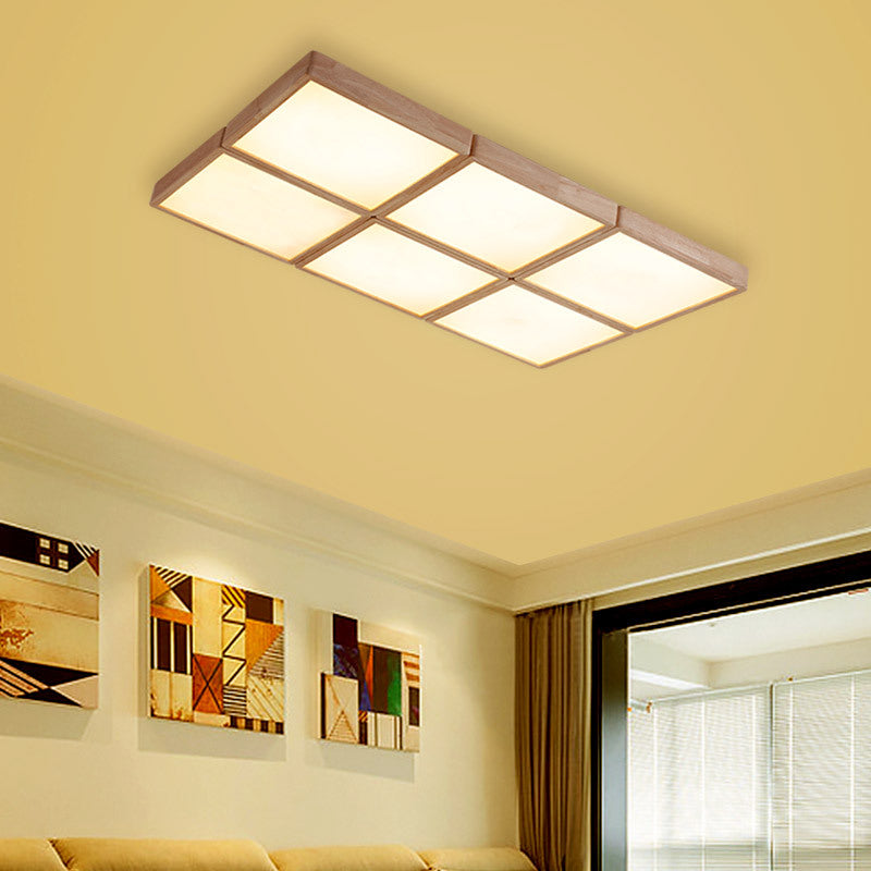 Minimalist Beige Geometric Flush Mount Ceiling Light With Acrylic Diffuser - 4/6 Lights 6 / Wood