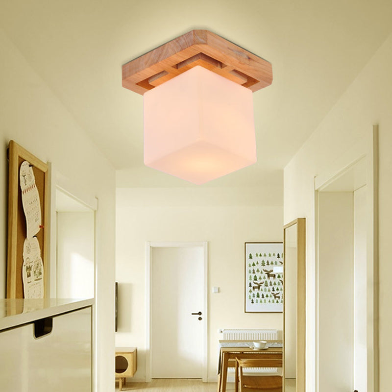 Minimalist Milk Glass Beige Led Cube Flush Mount Lamp With Wood Canopy
