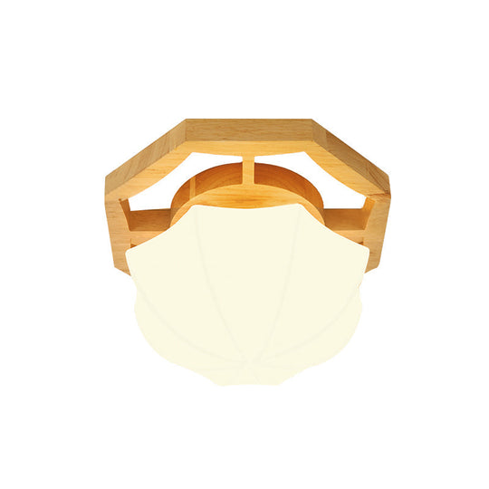 Modern Milk Glass Beige Led Flush Mount Lamp With Wood Canopy - Various Sizes