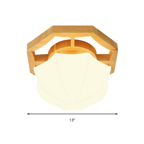 Modern Milk Glass Beige Led Flush Mount Lamp With Wood Canopy - Various Sizes