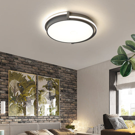 Modern Led Round Bedroom Flush Lamp In Black/Grey With Recessed Diffuser - 12/16/19.5 Wide Available