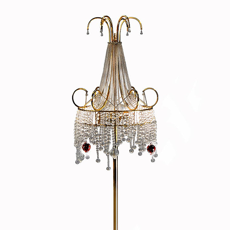 Tassel Crystal Floor Lamp: Postmodern Gold Standing Light With Scroll Decor (2 Bulbs)