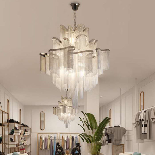 Postmodern Silver Chandelier Light Fixture For Living Room With Aluminum Tiered Chain Ceiling