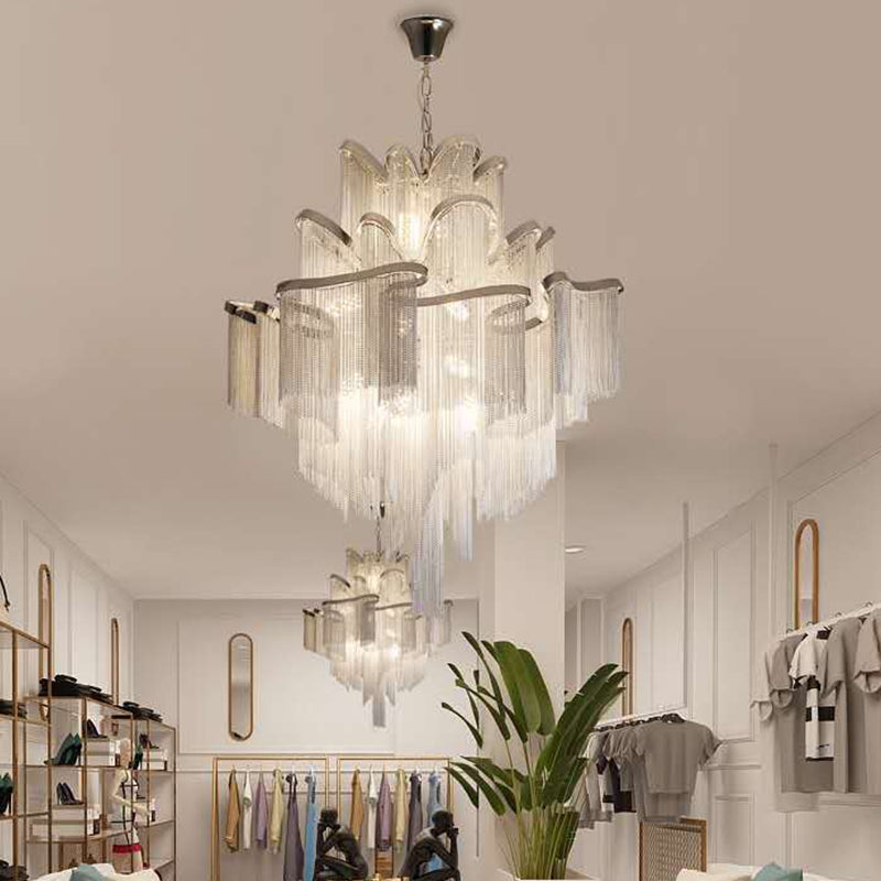 Silver Postmodern Tiered Aluminum Chain Chandelier For Living Room - Ceiling Lighting Fixture