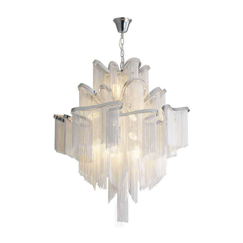 Postmodern Silver Chandelier Light Fixture For Living Room With Aluminum Tiered Chain Ceiling