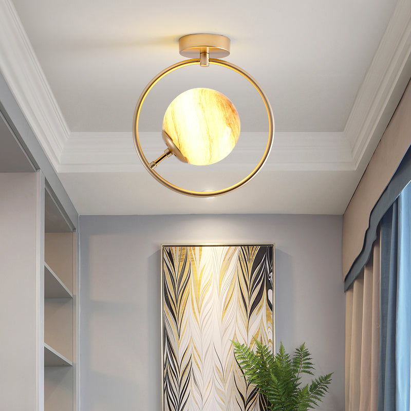 Sleek Gold Ball Semi Flush Light In Modern White/Yellow Glass – 1-Light Fixture With Iron Ring