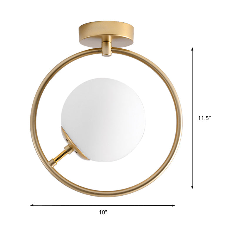 Sleek Gold Ball Semi Flush Light In Modern White/Yellow Glass – 1-Light Fixture With Iron Ring