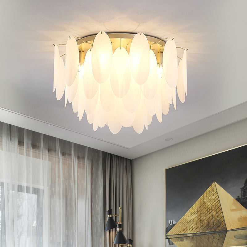 Contemporary White Glass Feather-Shaped Flush Mount Lamp - 22.5/28 Wide 6-Light Living Room Ceiling