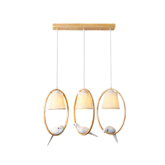 Contemporary Cone Fabric Pendant Lamp With Wood Ring And Resin Bird - 1/3 Lights White Fixture