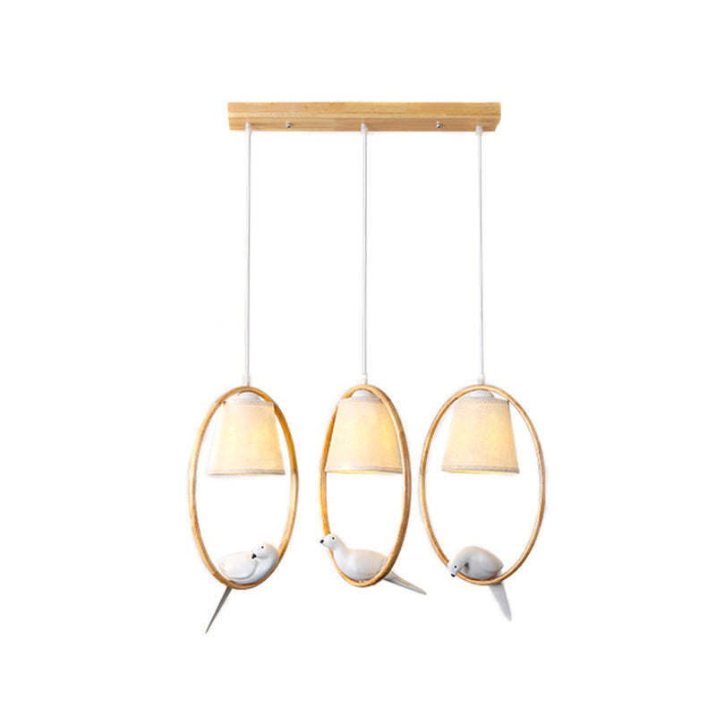 Contemporary Cone Pendant Light Fixture With Hanging Fabric Wood Ring And Resin Bird - 1/3 Lights