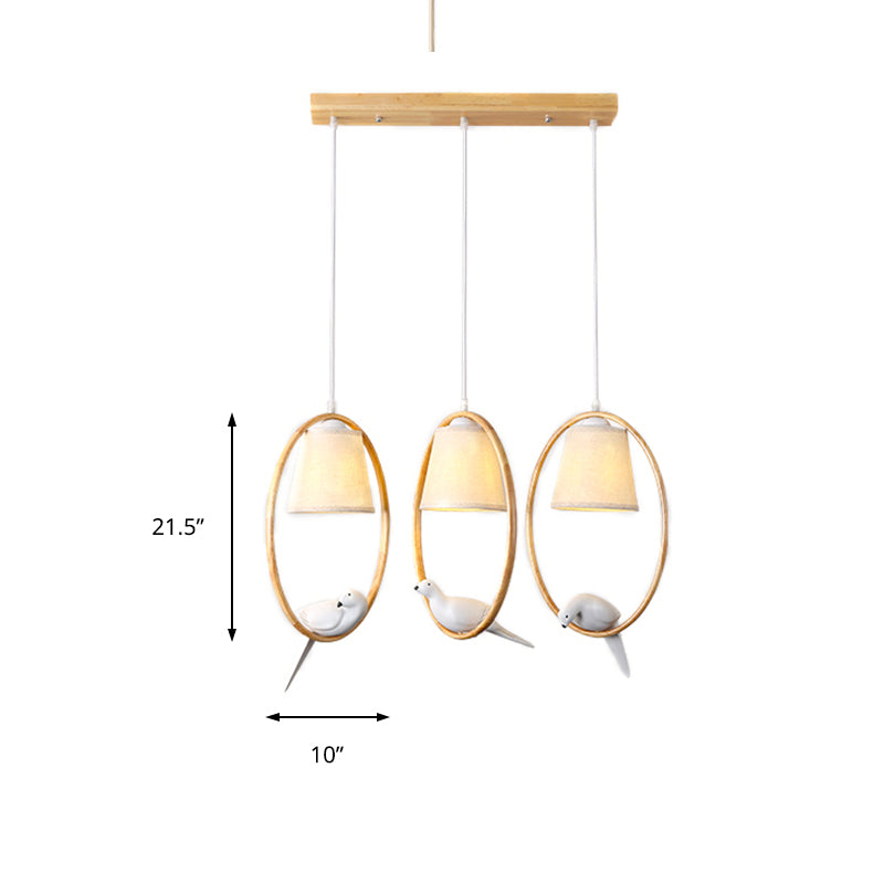 Contemporary Cone Fabric Pendant Lamp With Wood Ring And Resin Bird - 1/3 Lights White Fixture