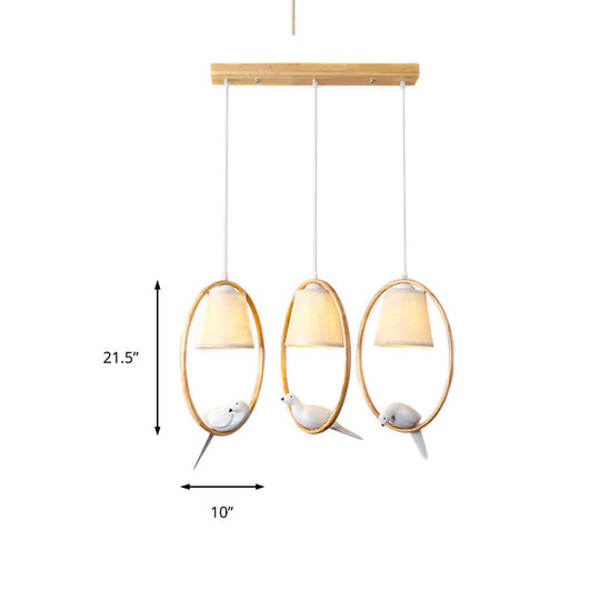 Contemporary Cone Pendant Light Fixture With Hanging Fabric Wood Ring And Resin Bird - 1/3 Lights